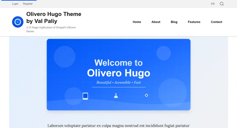 Olivero Hugo Theme Screenshot - showing the responsive layout with navigation menu, content area, and footer.